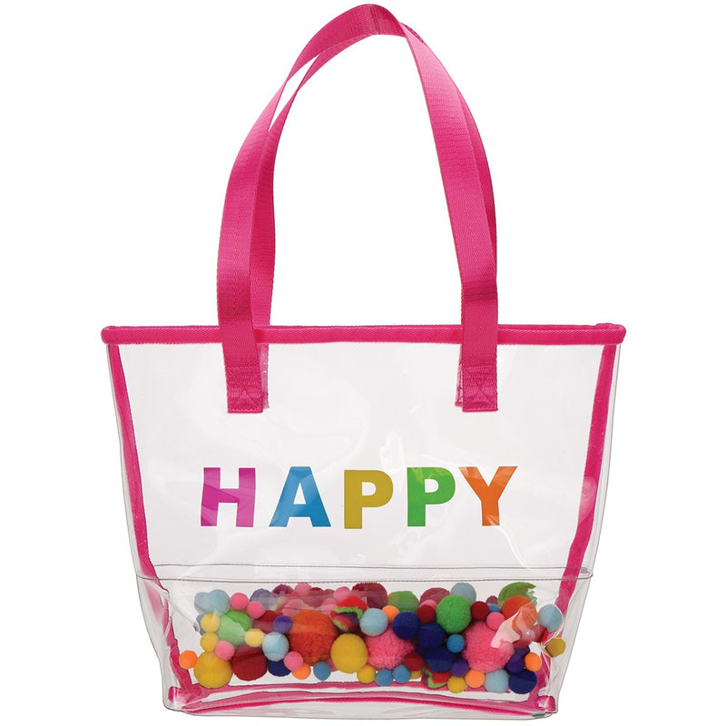 Happy Clear Tote Bag With Pom Poms